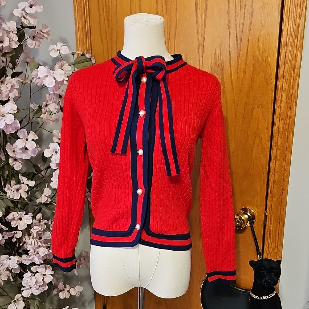 Anthropologie Red Cable-Knit Bow Cardigan with Navy Trim